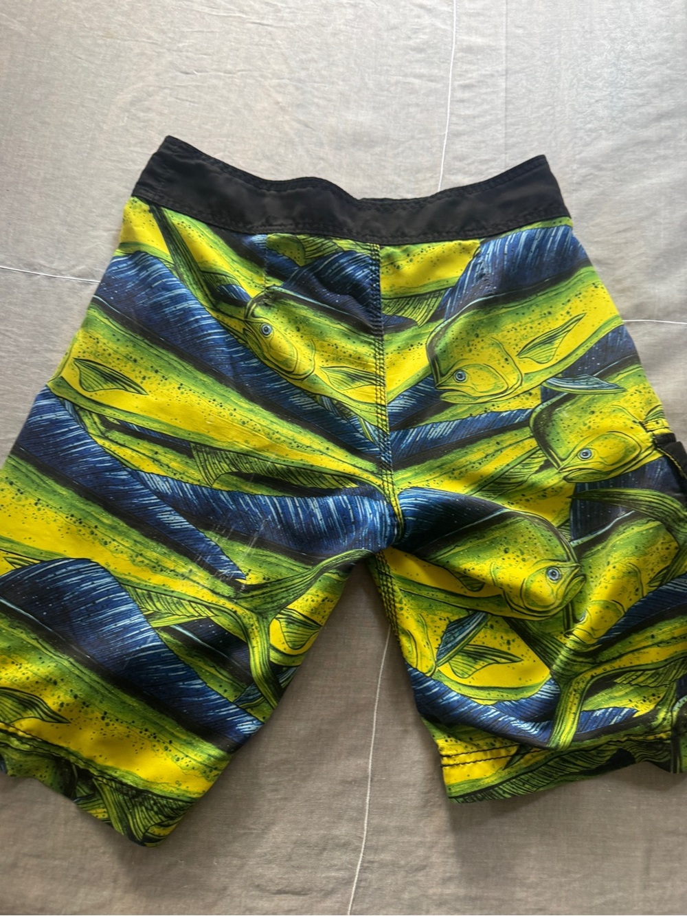 Rare VTG 90s Billabong Yellow and Blue Mahi Mahi Swim Board Shorts 32 inseam 11”